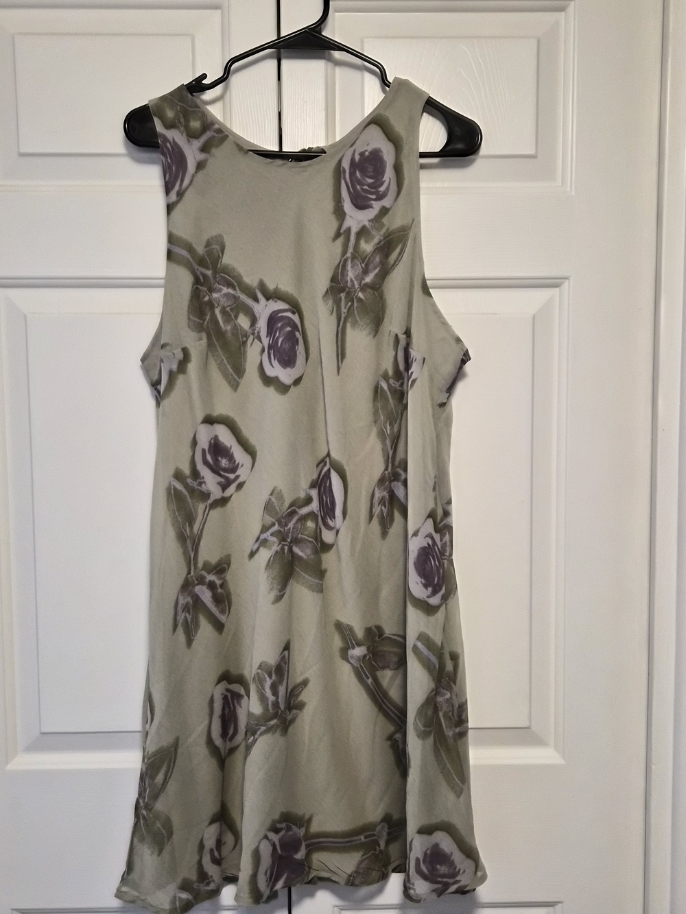 Sleeveless Midi Dress in Sage Green with Purple Rose Print